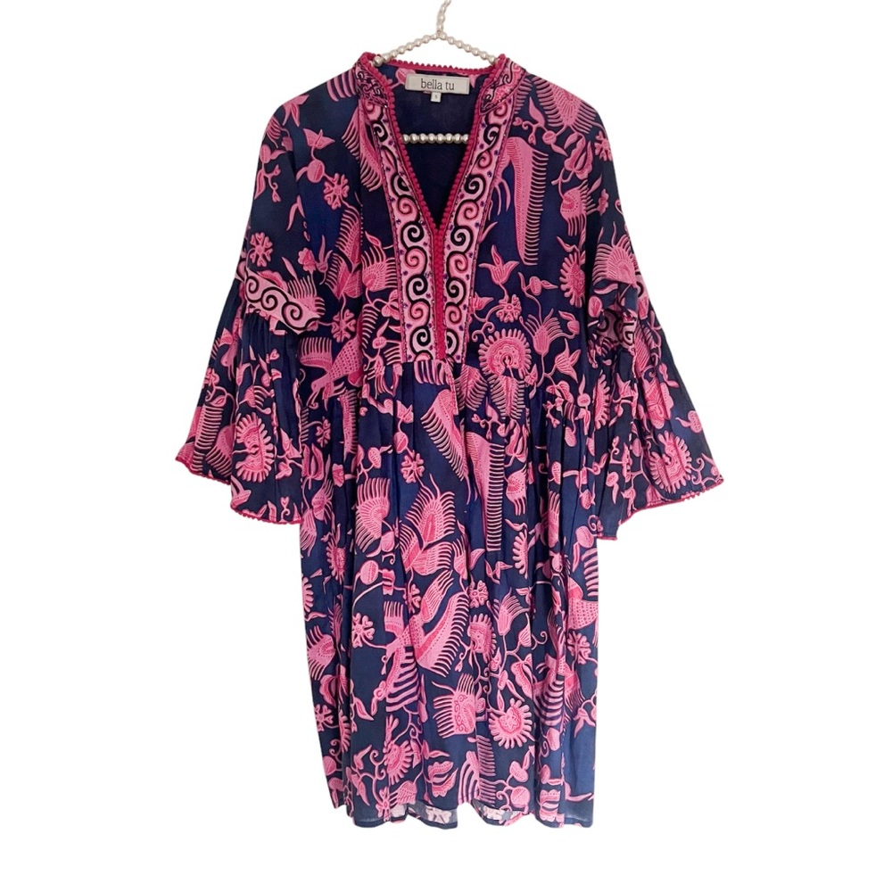 BELLA TU Pink and Blue Floral Tunic Dress Size Small